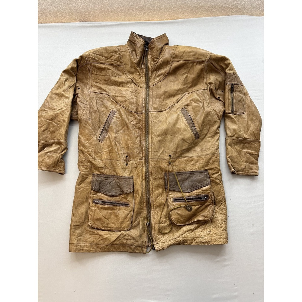 Hunters Run Mens Tan Brown Genuine Leather Safari Field Jacket Parka Size M